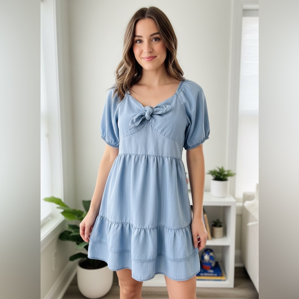 LC Lauren Conrad Light Blue Mini Dress size M Tie front Lyocell